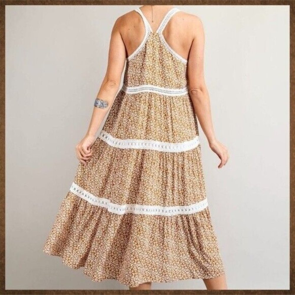 EASEL Racerback Floral Print Lace Trim Tiers Midi - Maxi Ruffled Hem - Picture 3 of 16